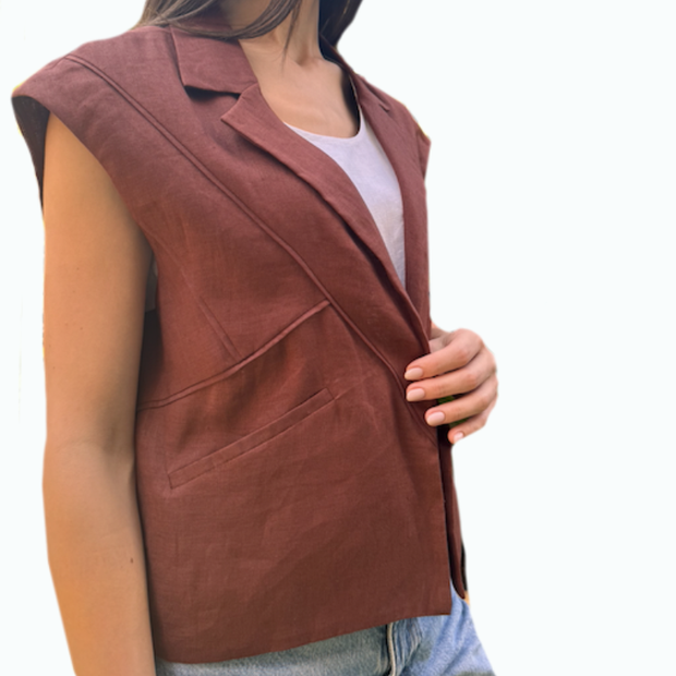 Asymmetric Cropped Vest- Brown