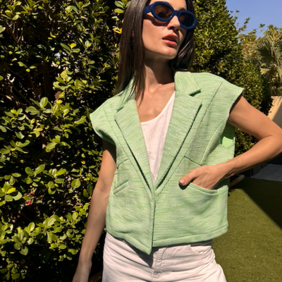 Asymmetric Cropped Vest-Tweed Green
