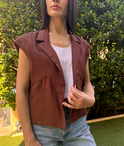 Asymmetric Cropped Vest- Brown