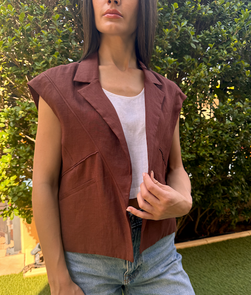 Asymmetric Cropped Vest- Brown